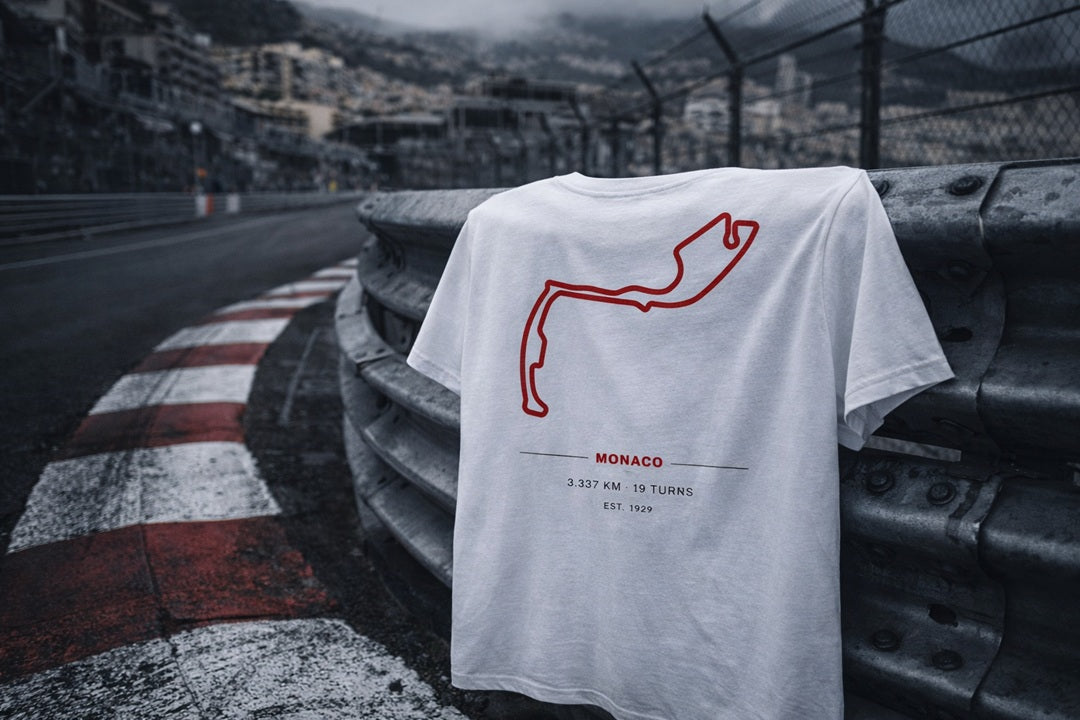 Track Collection featuring minimalist racing circuit t-shirts with technical details and circuit outlines