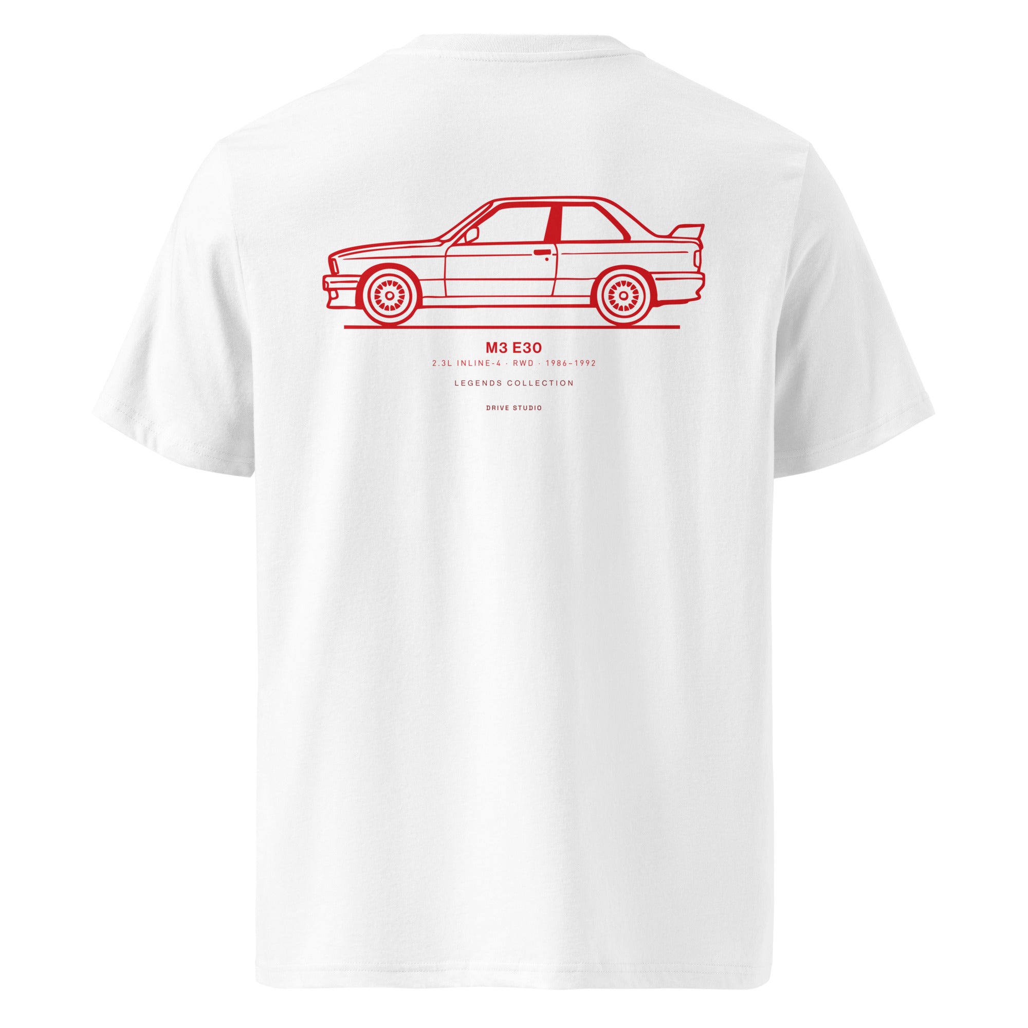 White Drive Studio T-shirt back view featuring a red BMW M3 E30 side-profile illustration and technical details