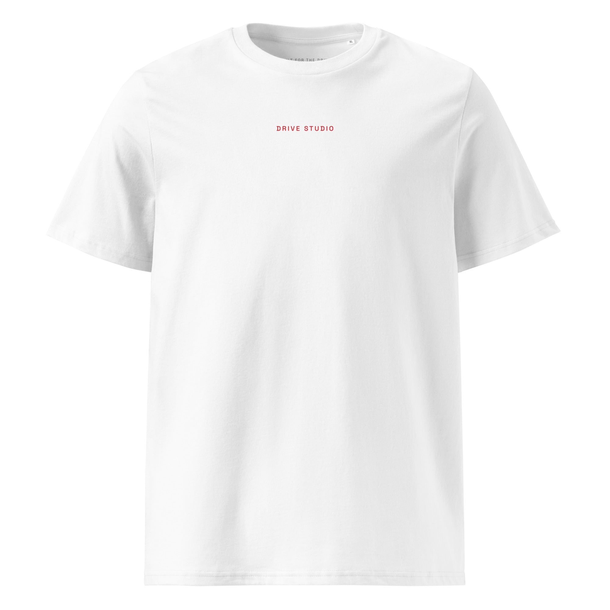 White Drive Studio T-shirt front view with minimal red Drive Studio logo on the chest