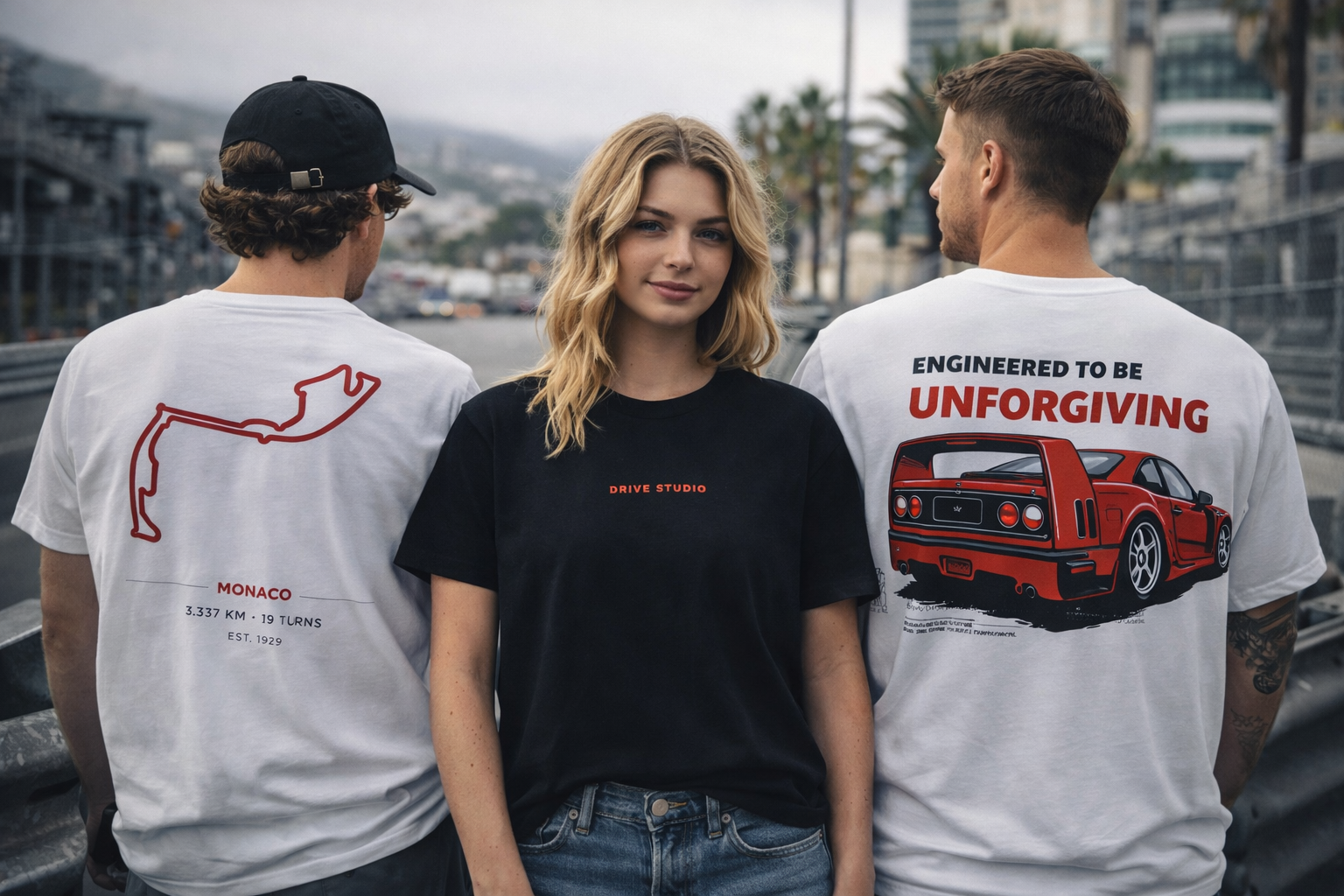 Models wearing Drive Studio t-shirts on a street circuit, featuring the Monaco track graphic and “Engineered to Be Unforgiving” back print.