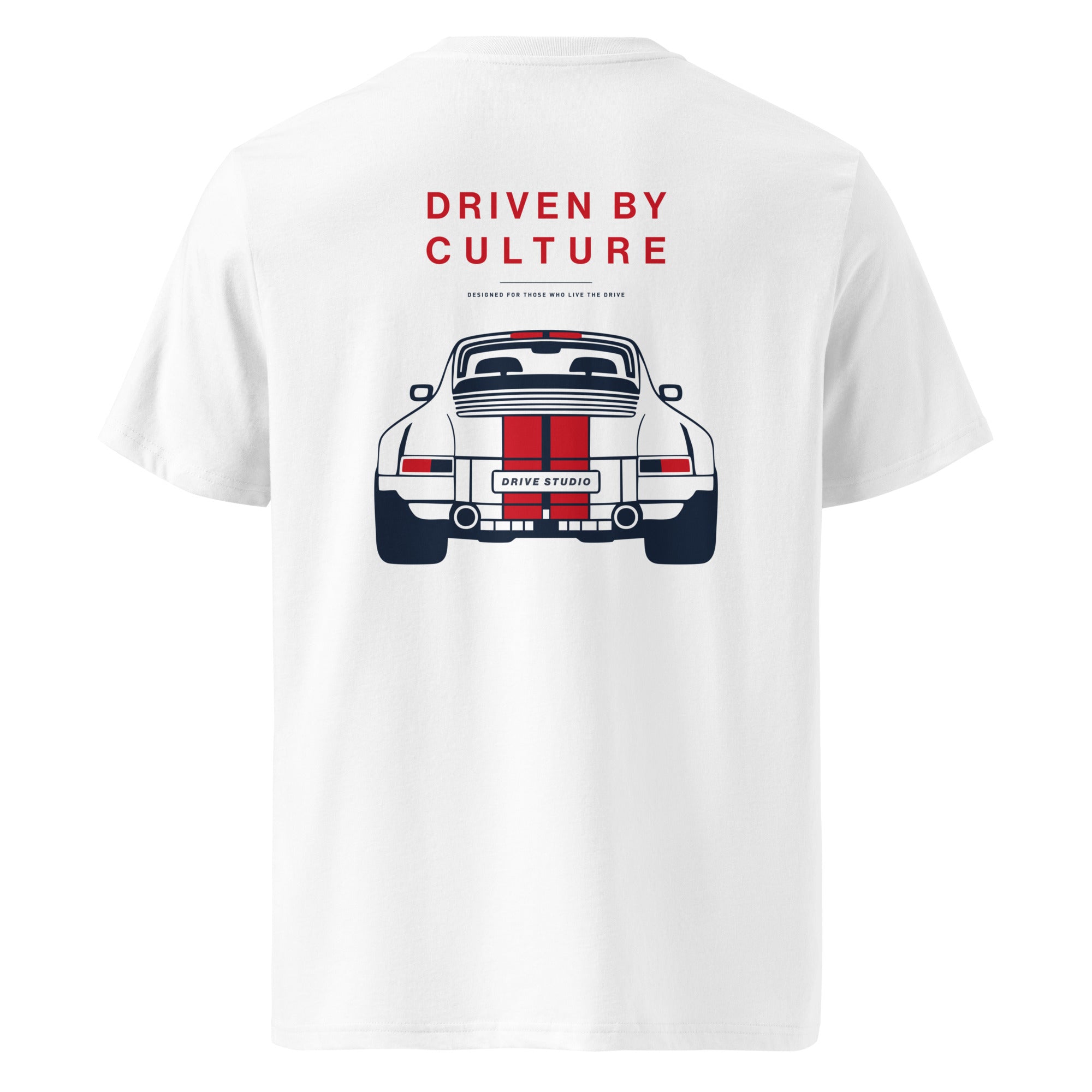 White Driven by Culture t-shirt back view featuring rear-engine silhouette graphic and statement typography