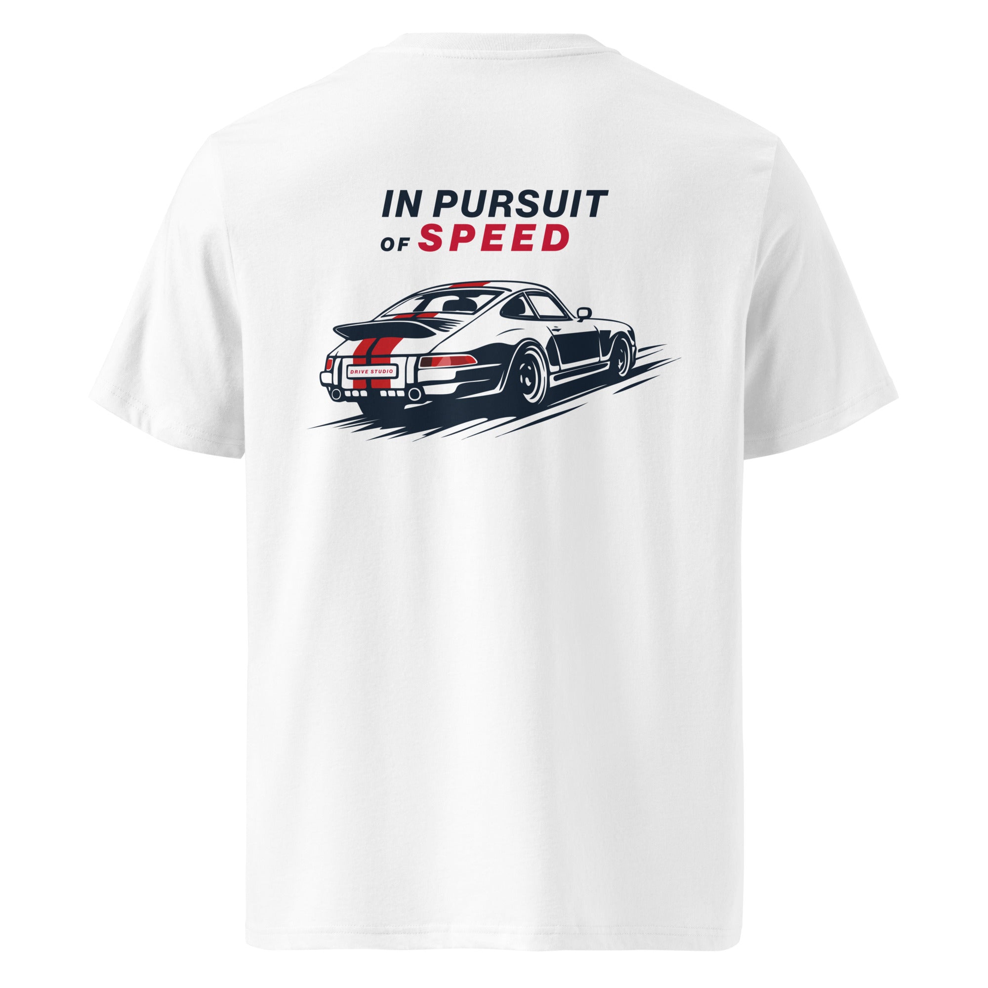 White In Pursuit of Speed t-shirt back view featuring dynamic rear-engine performance car graphic