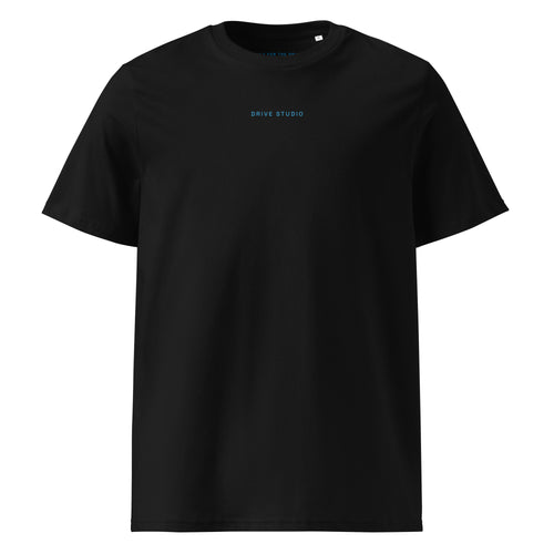 Black Lancia Delta HF Integrale t-shirt front view with minimal Drive Studio logo