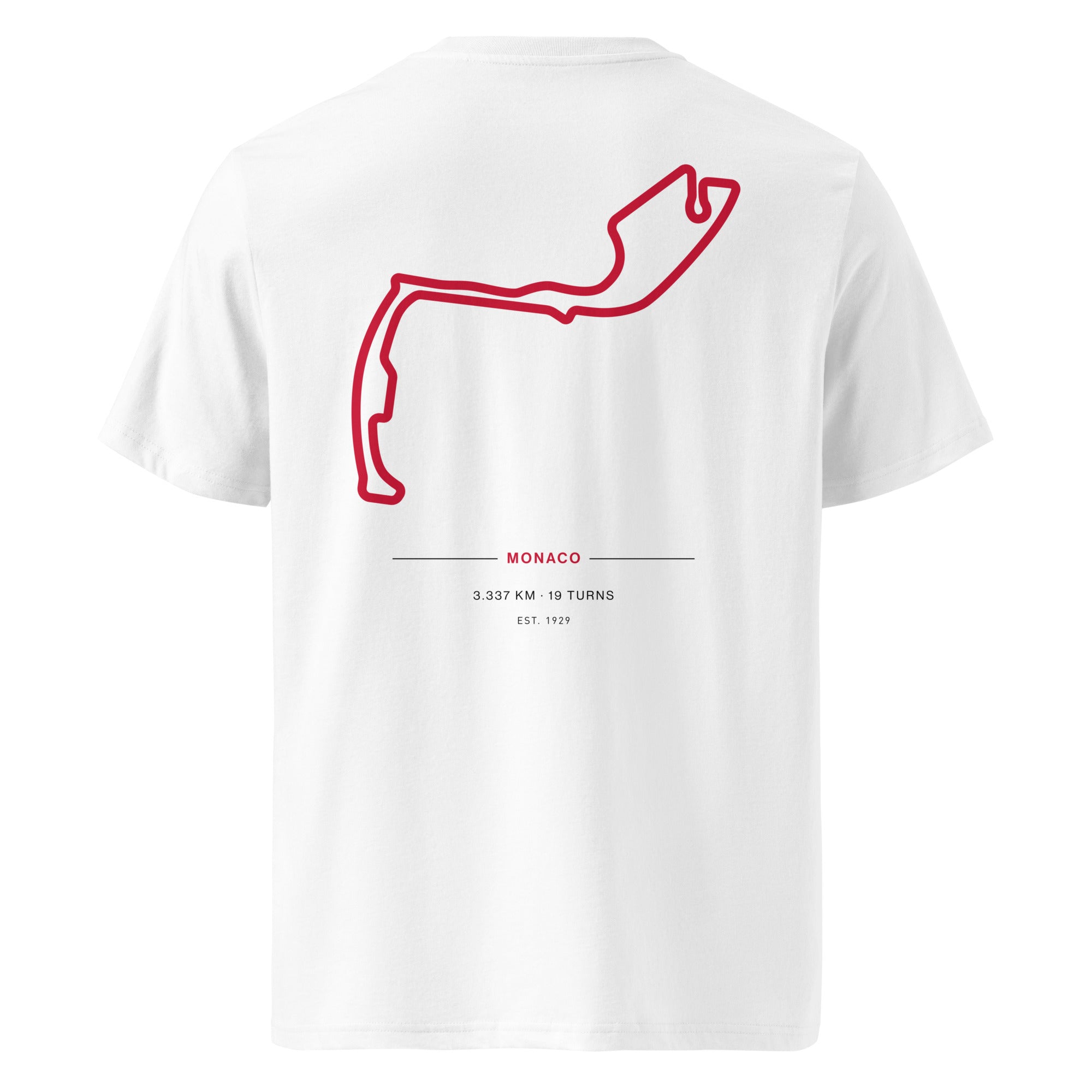 White Monaco track t-shirt back view featuring red circuit outline and technical details