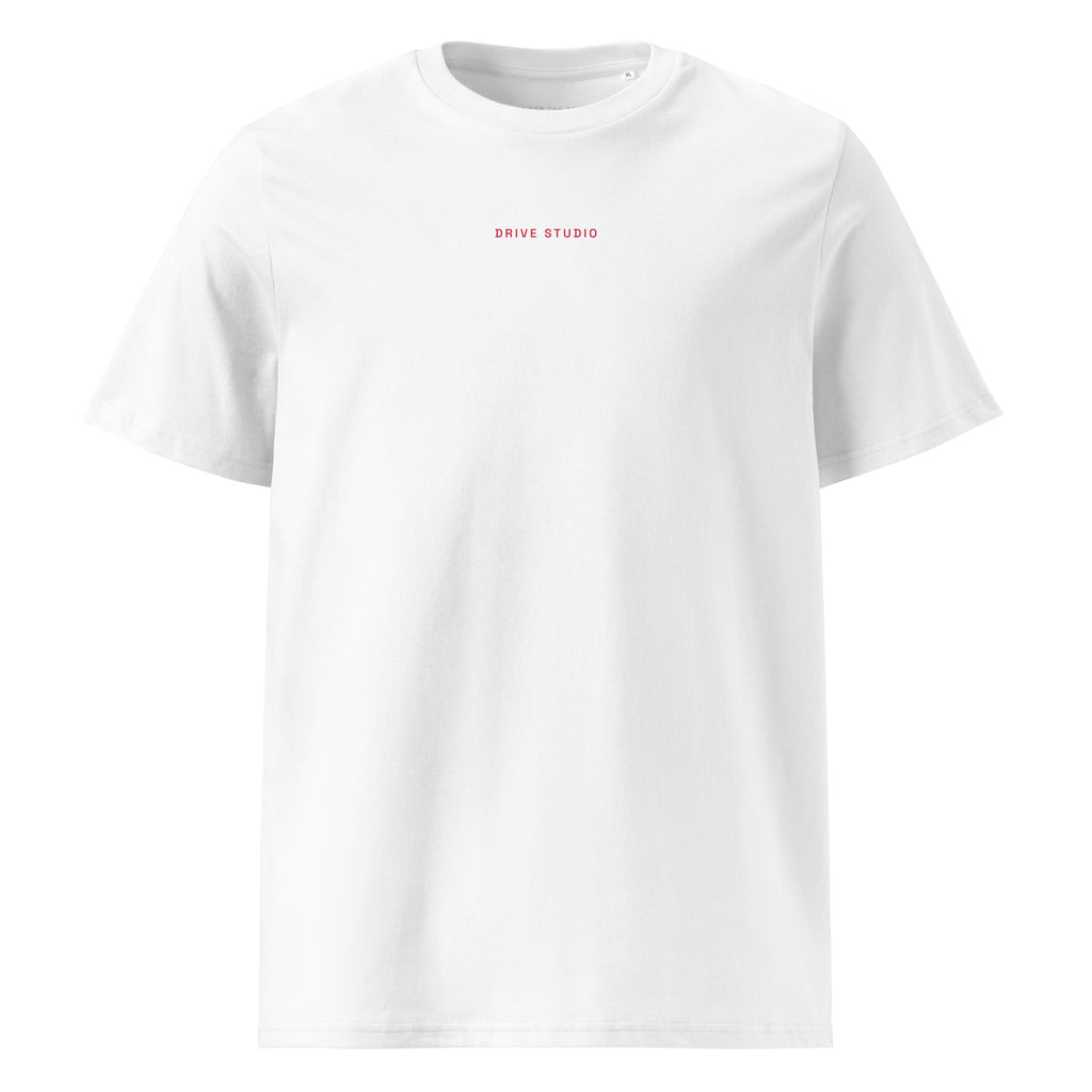 White Monaco track t-shirt front view with minimal Drive Studio logo