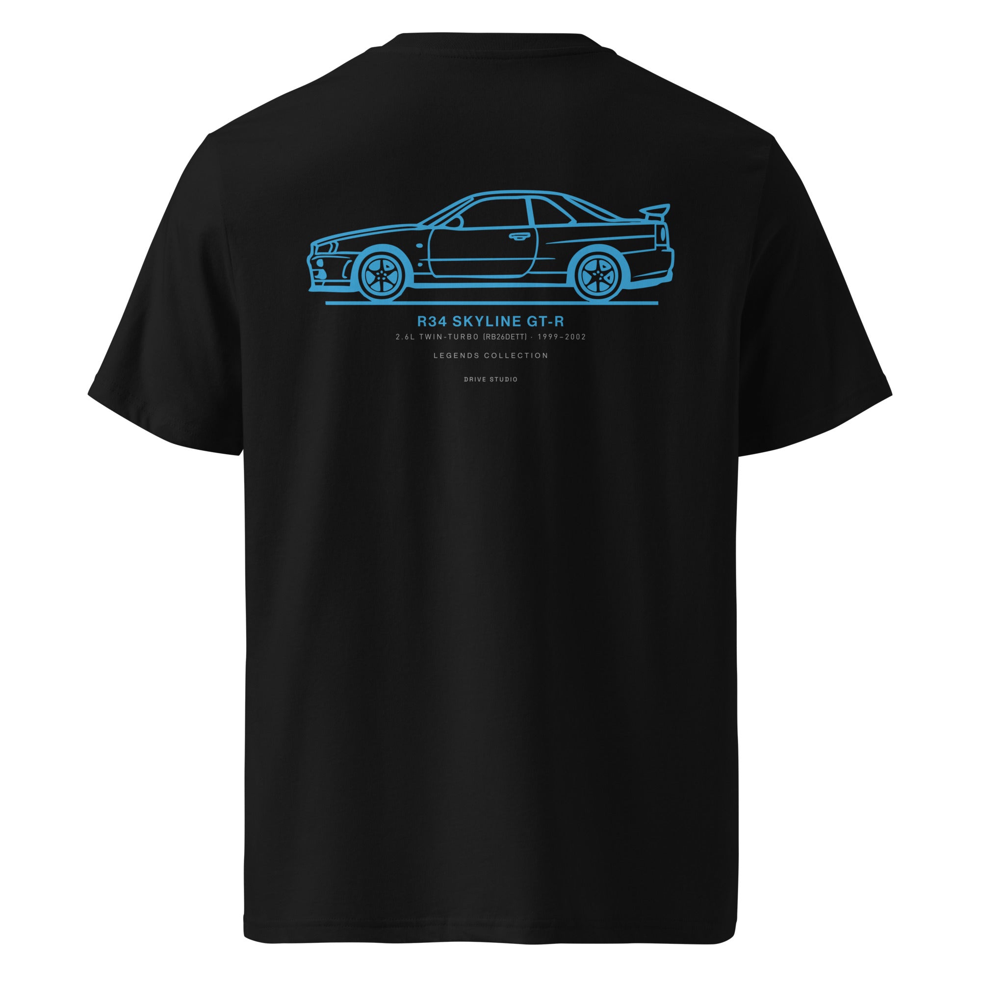 Black Nissan Skyline GT-R R34 t-shirt back view featuring minimalist side profile illustration and technical details