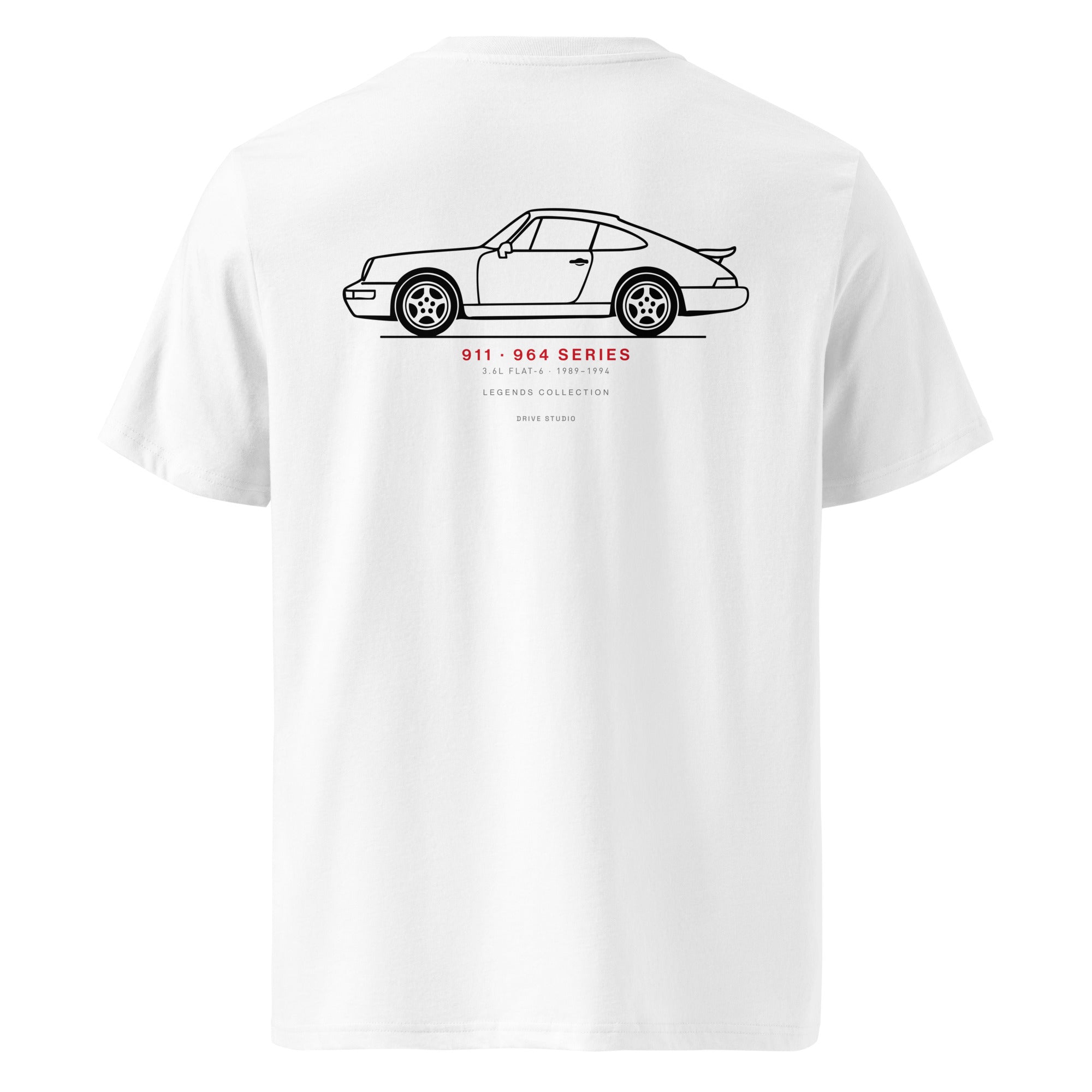 White Porsche 911 964 series t-shirt back view featuring minimalist side profile illustration and technical details