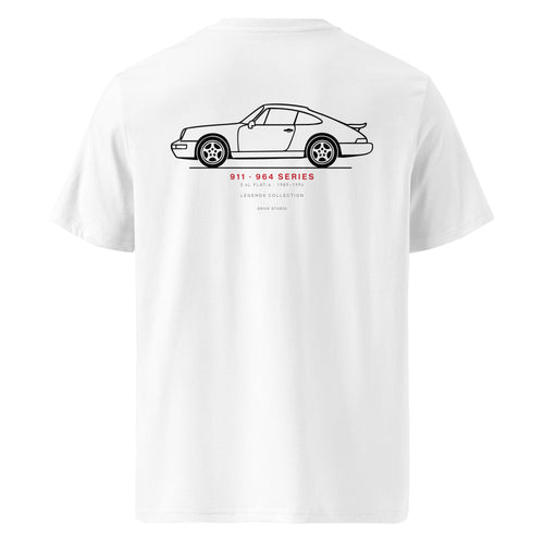 White Porsche 911 964 series t-shirt back view featuring minimalist side profile illustration and technical details